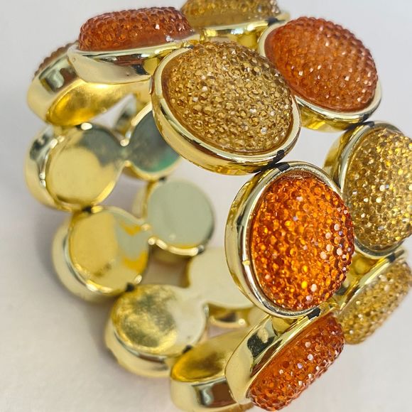 Stretch Bracelet Gold Tone Encircled Druzy Orange Yellow Lucite Stones - Picture 5 of 8